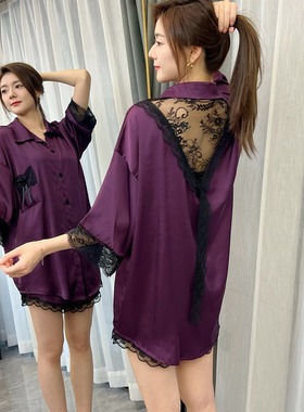 紫色高级感冰丝蕾丝边睡衣裙2026夏季新款冰丝短袖睡衣家居服套装