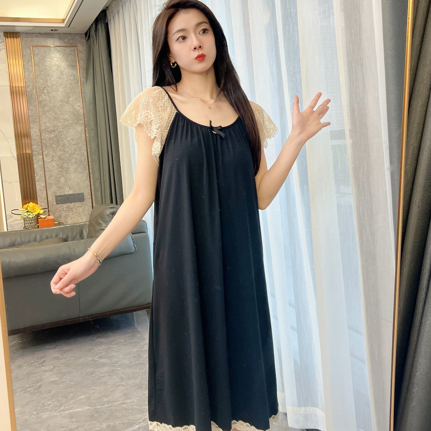 纯欲莫代尔蕾丝花边睡裙女士2026新款夏季圆领连衣裙带胸垫家居服