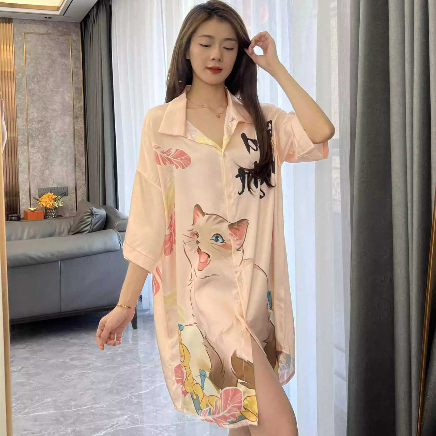 凉感冰雪丝衬衫睡衣裙2026夏季新款休闲宽松瞌睡猫女士家居服睡衣,女士内衣/男士内衣/家居服,睡裙,淘宝优惠券,粉丝福利购,淘宝优惠卷