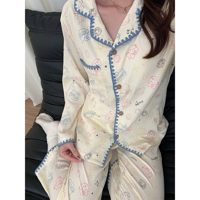 自带胸垫长袖睡衣女生家居服套装