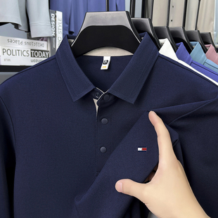 正品汤米纯白色长袖T恤打底衫男士秋冬季桑蚕丝中年商务Polo衫男