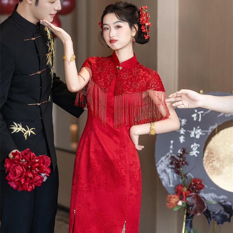 红色新中式敬酒服新娘高端订婚礼服结婚回门连衣裙答谢宴便装覆古