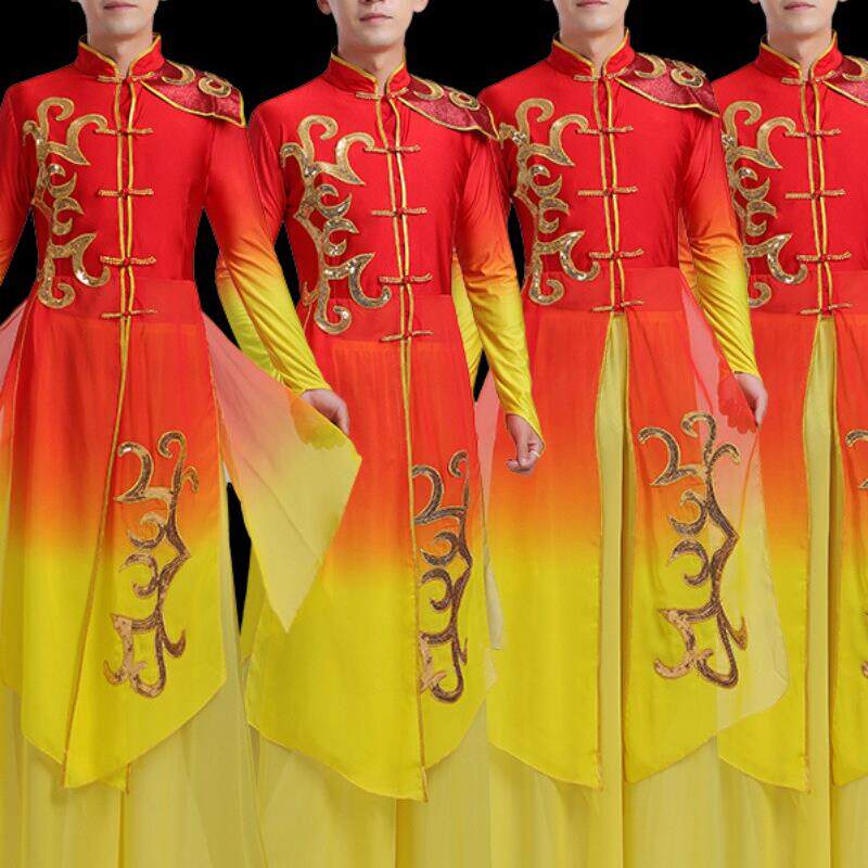 女子中式表演服装男子典雅大型舞蹈伴奏服装现代古典舞击鼓开场舞