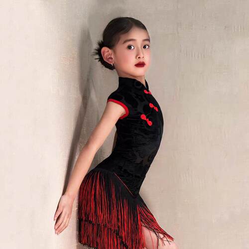 2025春夏新款女童拉丁舞服无袖古风旗袍流苏半裙演出服练功服套装
