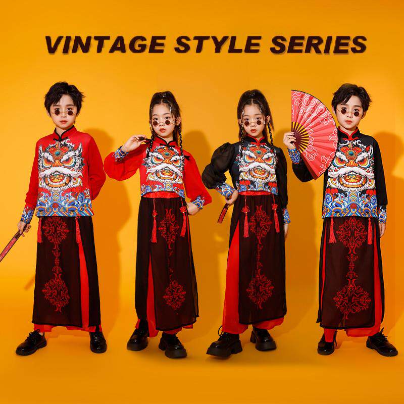 新年儿童舞狮中国风小学生演出服女童走秀表演国风男童武术打鼓服