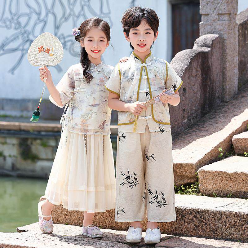 汉服男童夏季六一幼儿园表演出服女童国风古装唐诗朗诵儿童唐装