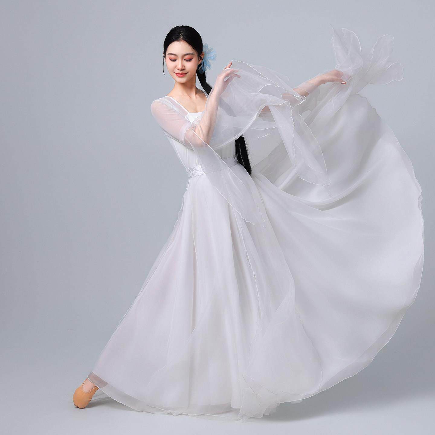 古典蹈服女白色仙气飘逸舞练功服蝶袖7GUT2蝴0大演摆裙中国舞出服