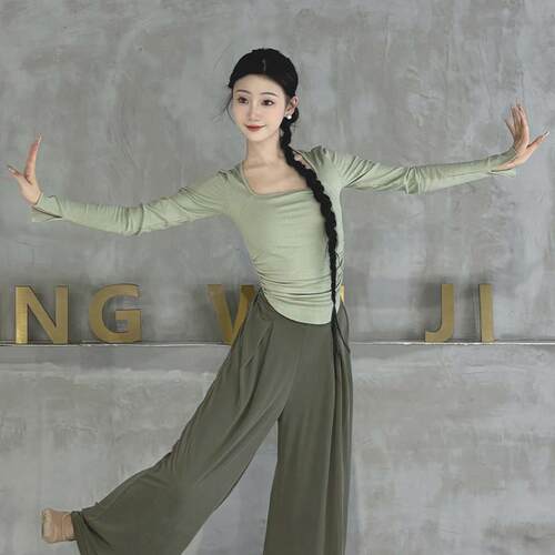 古典舞长袖上衣修身针织方领舞蹈练功服女成人现代舞形体训练服装