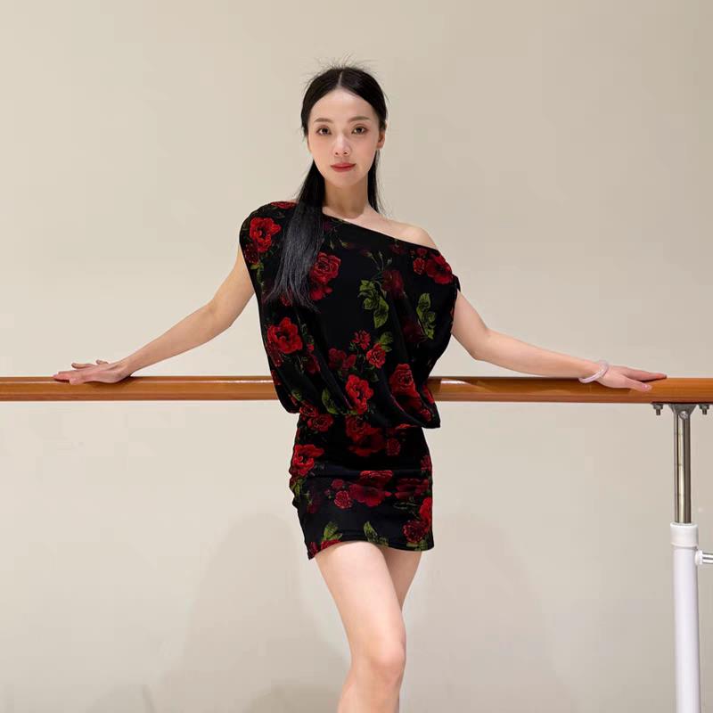 新款拉丁无袖斜肩宽松包臀连衣裙国标教课女舞蹈服成人艺考表演服