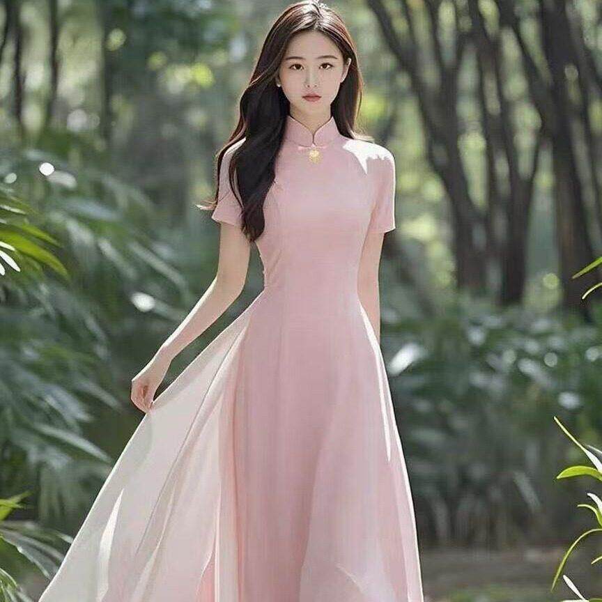 新中式P92#古典民族优雅送改良旗文袍连衣裙年轻紫长款飘逸考裙艺