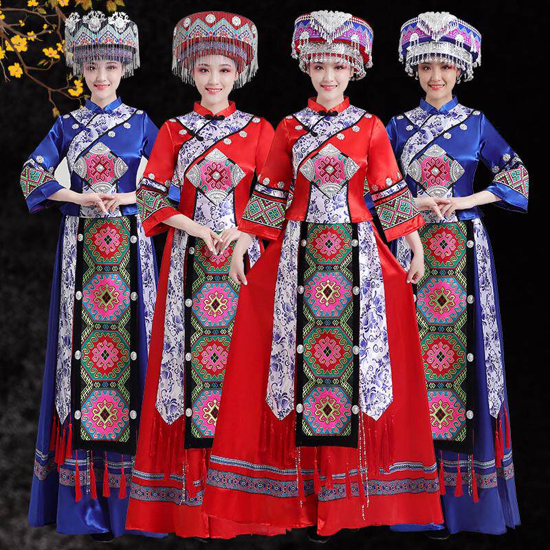 湘西土家族女性演出服成人传统舞蹈服 大红与宝蓝色民族服装旅拍