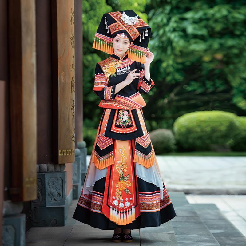 壮族服装女成人广西少数民族三月三舞蹈演出服饰壮锦刺绣长裙盛装