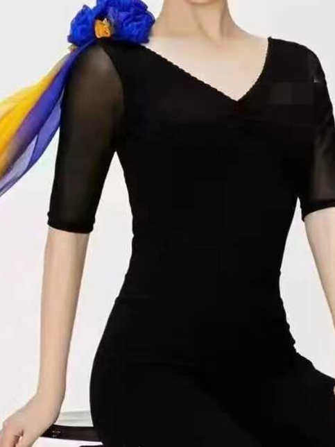 罗马纯棉身体训练服女子薄纱袖连体套装优雅练习服教练制服胸垫黑