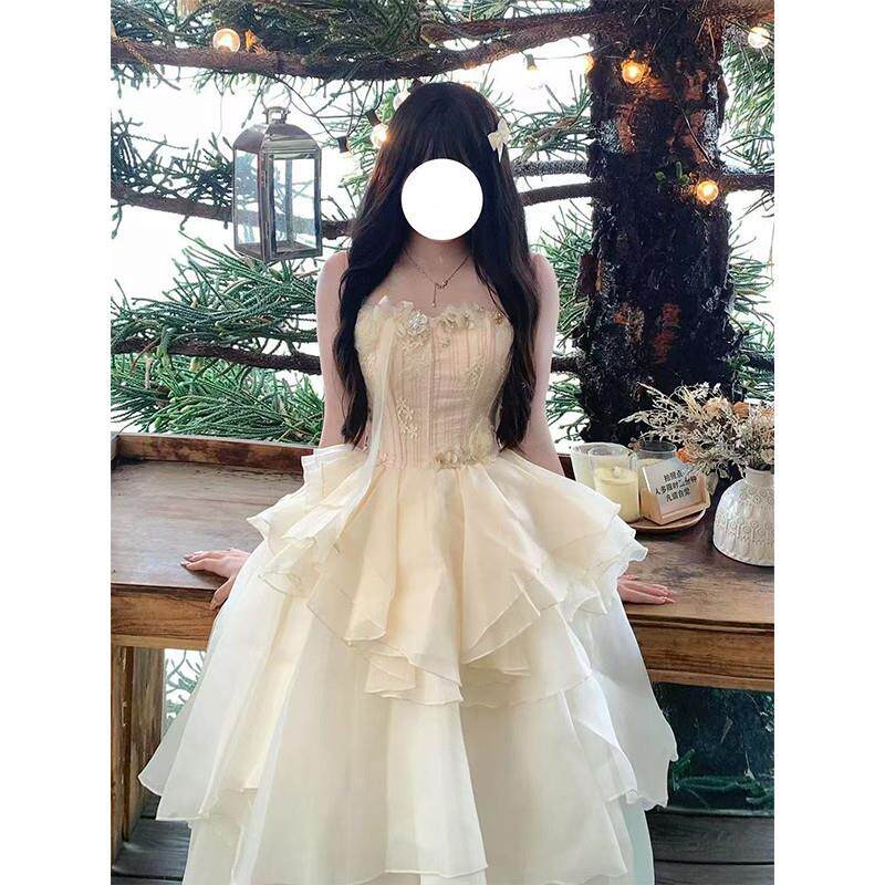 仙女风一字肩抹胸晚礼服女2026新款高级感坠地长裙晚宴公主蓬蓬裙