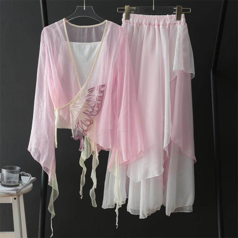 古典舞短款渐变刺绣蝴蝶飘逸雪纺舞蹈服套装女夏纱衣开衫阔腿裤裙,女装/女士精品,民族服装/舞台装,淘宝优惠券,粉丝福利购,淘宝优惠卷