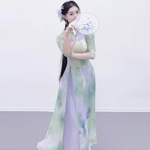 旗袍舞蹈服印花身练功服女飘逸裙古典舞纱演衣现代舞出无品牌/连