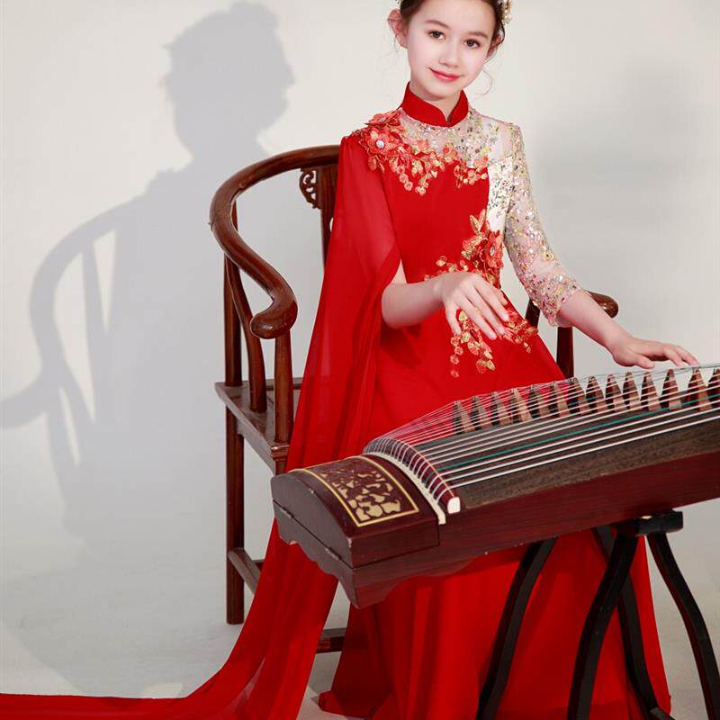 新款儿童古筝演出服女大童琵琶民乐艺考演奏服礼服雪纺长裙红色