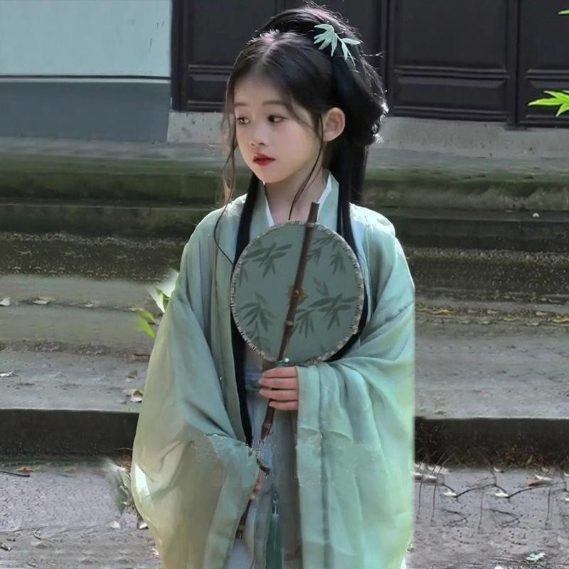 绿色汉服女童2025新款春秋魏晋风古装复原款儿童大袖衫交领仙女裙