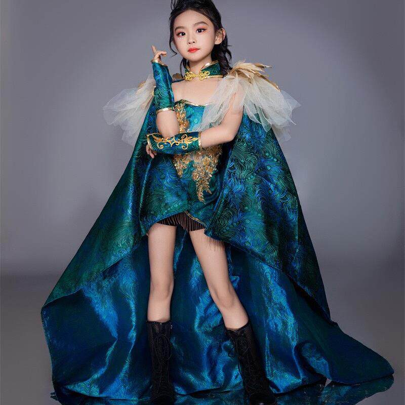 中国披风孔雀女童走秀服国潮新中式汉服少儿模特T台赛服重工礼服