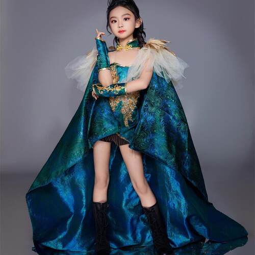 中国披风孔雀女童走秀服国潮新中式汉服少儿模特T台赛服重工礼服