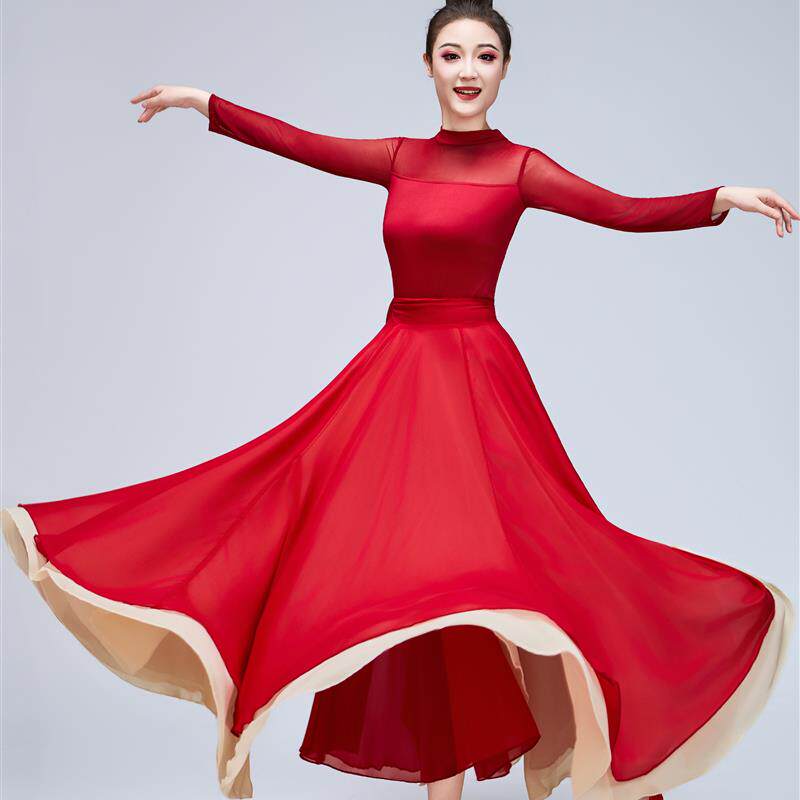 光亮舞蹈演出服古典舞扇子舞开场舞红色裙子合唱服双层大摆裙成人