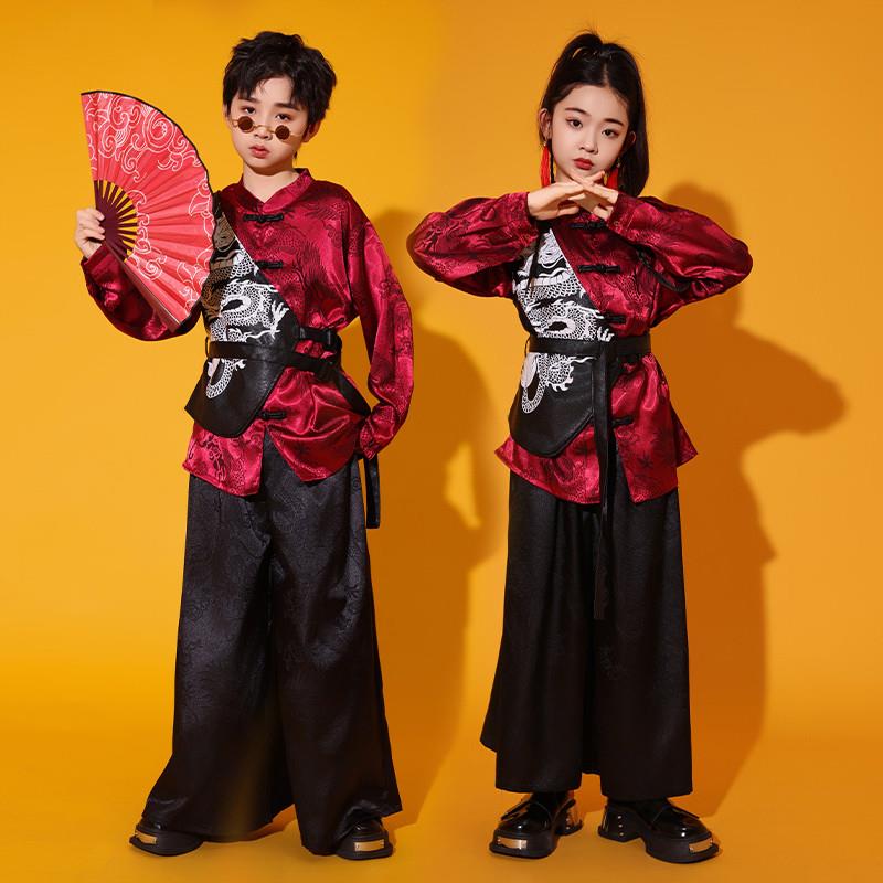 新中式街舞嘻哈元旦中国潮风幼儿龙年刺绣演出服男女走秀表演服装