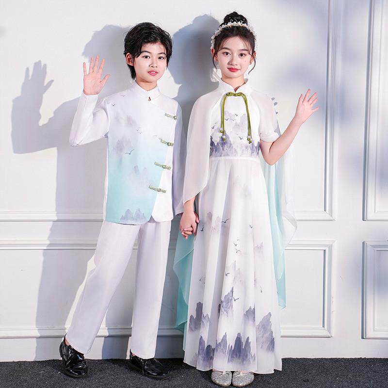 儿童大合唱古筝演出服中小学生诗歌朗诵比赛男女童中国风表演服装