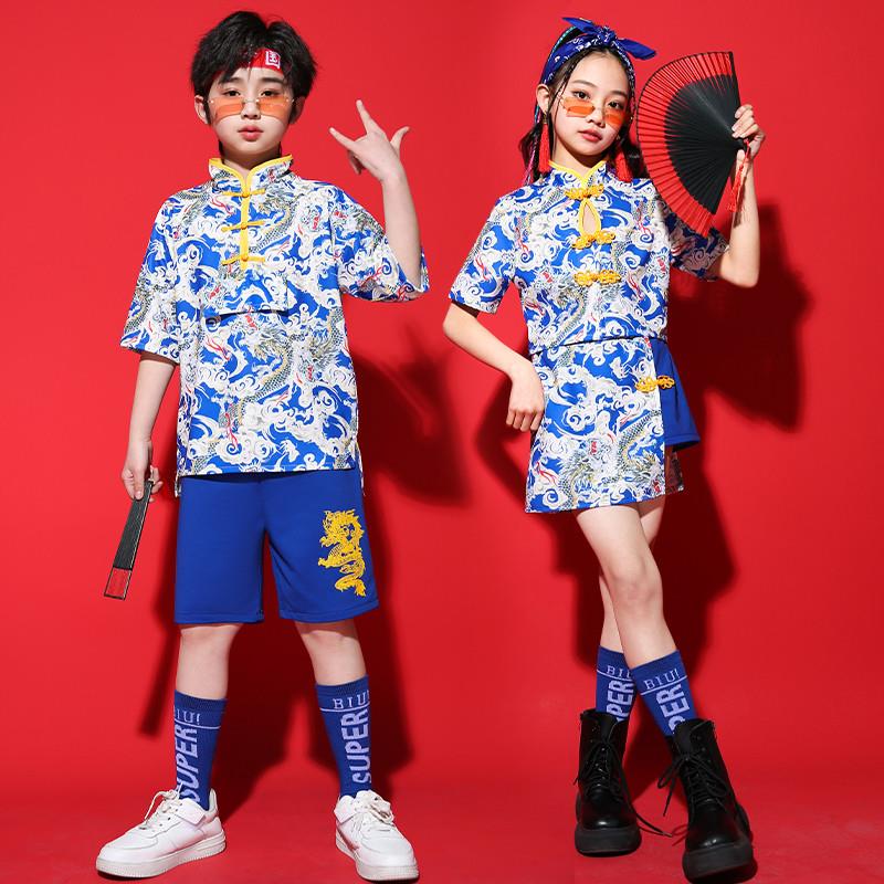 中国风儿童演出服蓝色国潮小学生运动会幼儿园啦啦队合唱六一舞蹈