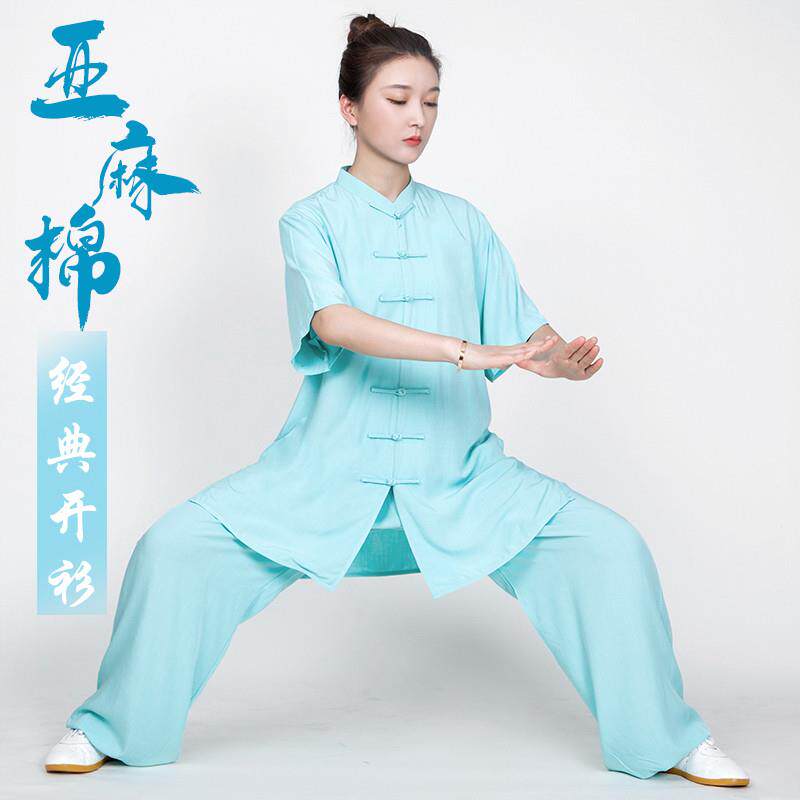 太极服女装2025新款中短袖棉麻夏季太极拳练功服女男夏天服装薄款