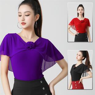 拉丁舞服女成人夏季新款舞衣洋派花朵摩登舞社交舞舞蹈上衣