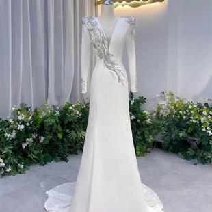 端庄大气主持人礼服2025新款白色声乐艺考民歌独唱女歌手演出长裙