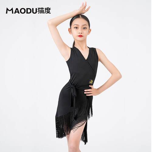 无袖拉丁舞服装女童拉丁舞蹈裙练功服儿童拉丁舞裙流苏连体服夏款