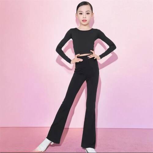 新款拉丁舞蹈新品长袖短上衣高腰长裤女少儿童训练习功演出服