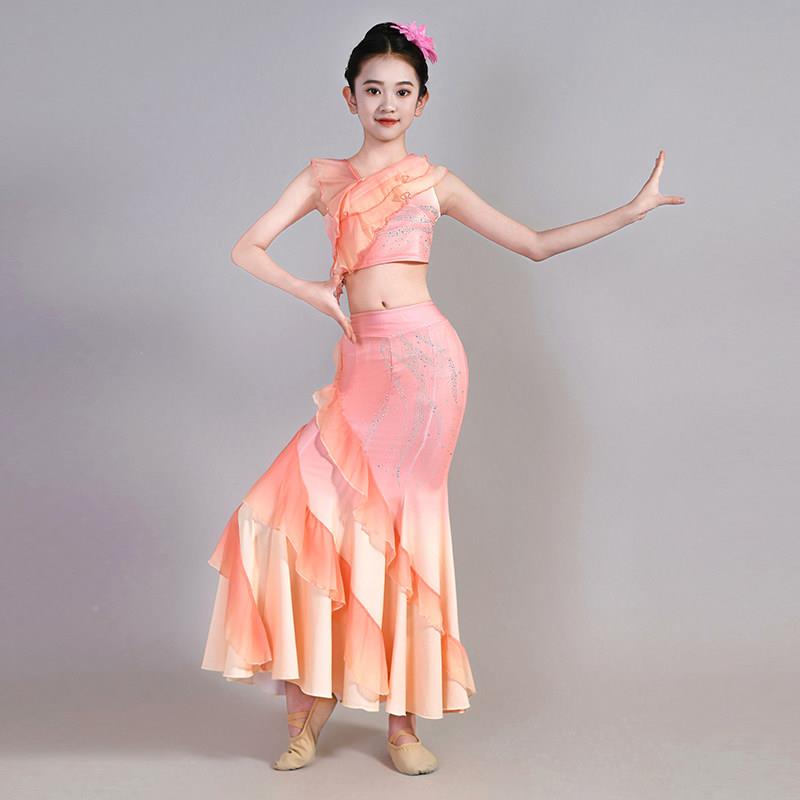 新款儿童舞蹈出服女童傣雀族演服装孔舞包臀鱼尾儿裙YAM幼民族表