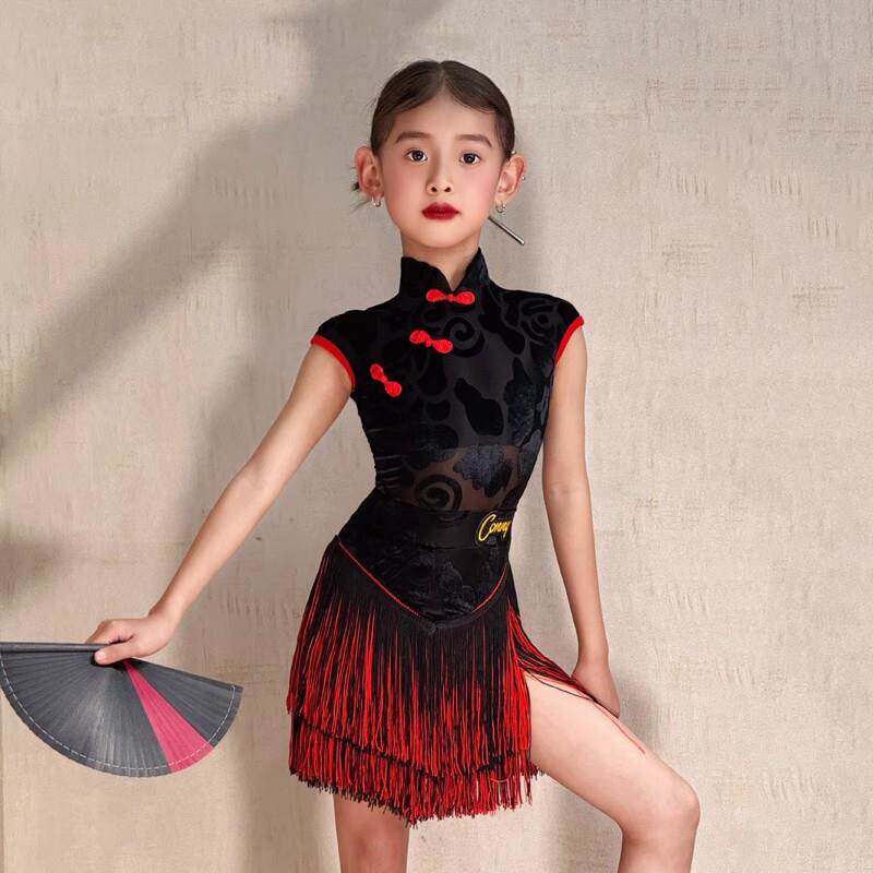 2025夏季新款女童拉丁舞服无袖古风旗袍流苏半裙演出服练功服套装