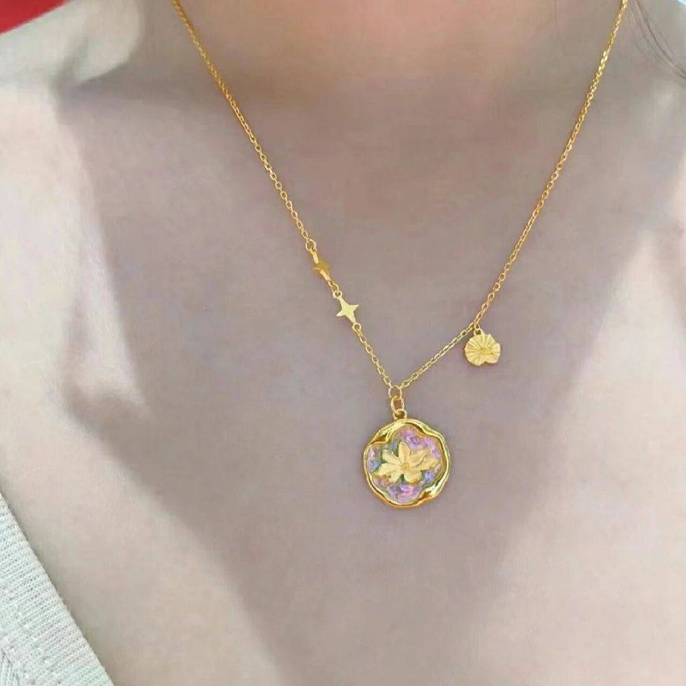 黄金色莫奈花园项链古法传承珐琅牡丹吊坠套链精致时尚星星配饰女