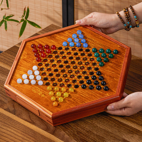 跳棋玻璃球儿童益智木质二合一棋盘大号大人版亲子弹子玛瑙珠跳棋