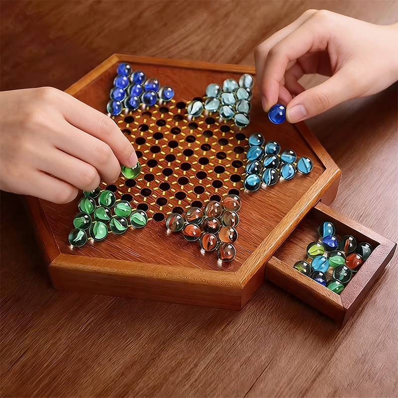 跳棋成人版玻璃球儿童益智木质二合一棋盘大号亲子弹子玛瑙珠跳棋