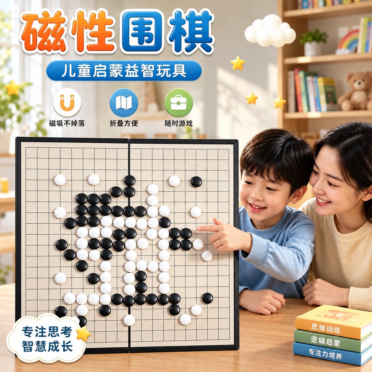 五子棋围棋儿童初学套装成人大号19路围棋棋盘折叠围棋小学生专用