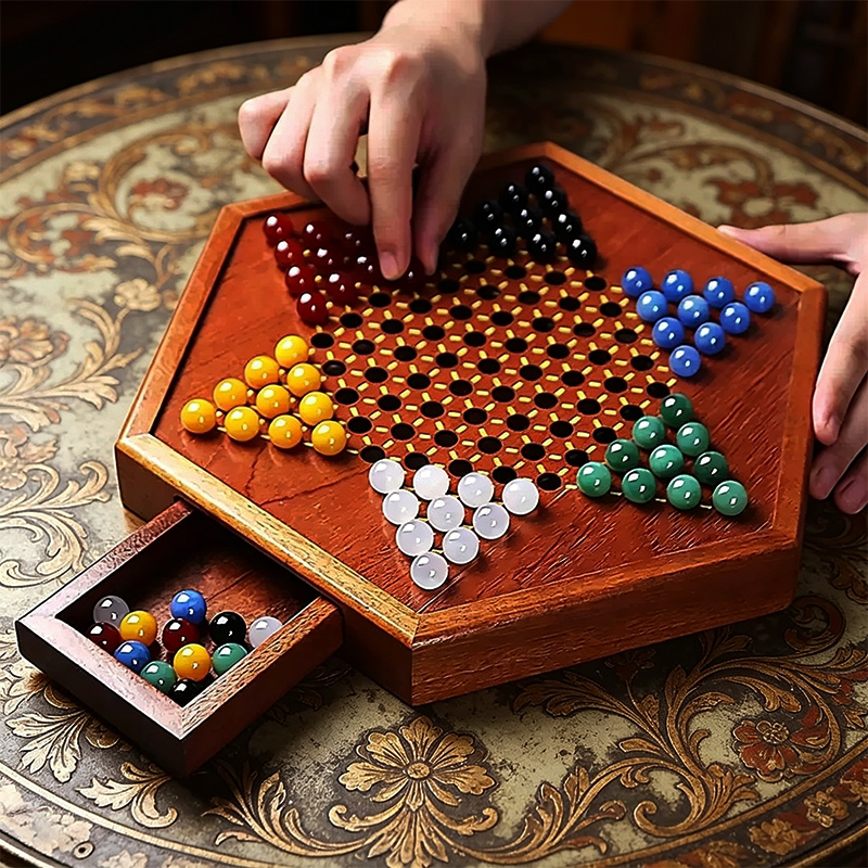 跳棋玻璃球儿童益智木质二合一棋盘大号亲子玛瑙老式弹珠小学生