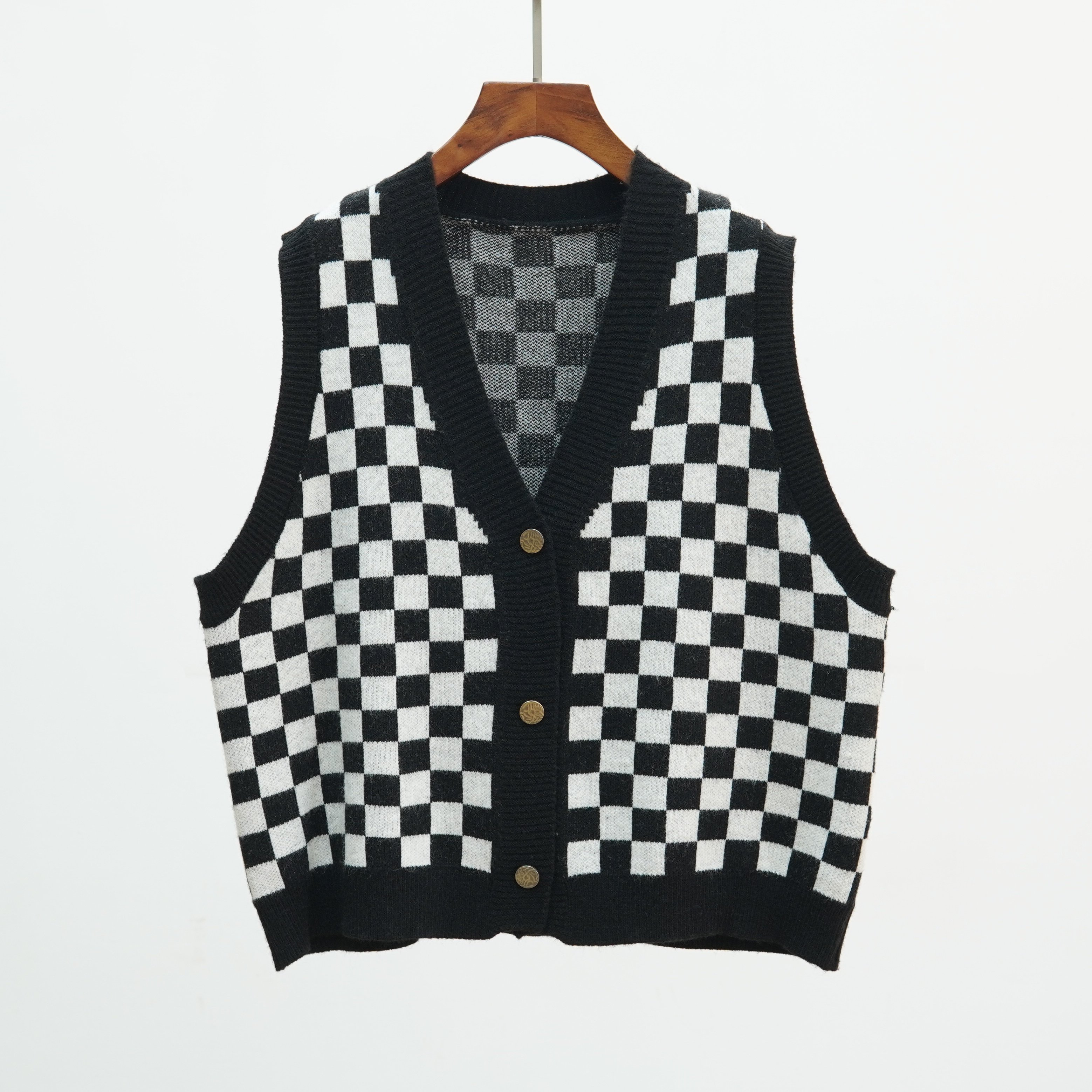 180 2025新款秋冬V领棋盘格宽松大码针织马甲背心女叠穿坎肩开衫