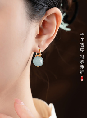 S925纯银天山翠耳环女2026新爆款水桶茶壶耳扣高级感天然玉石耳坠