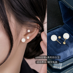 999纯银真和田玉耳钉螺丝拧扣女羊脂白玉小耳环2026新款爆款耳饰