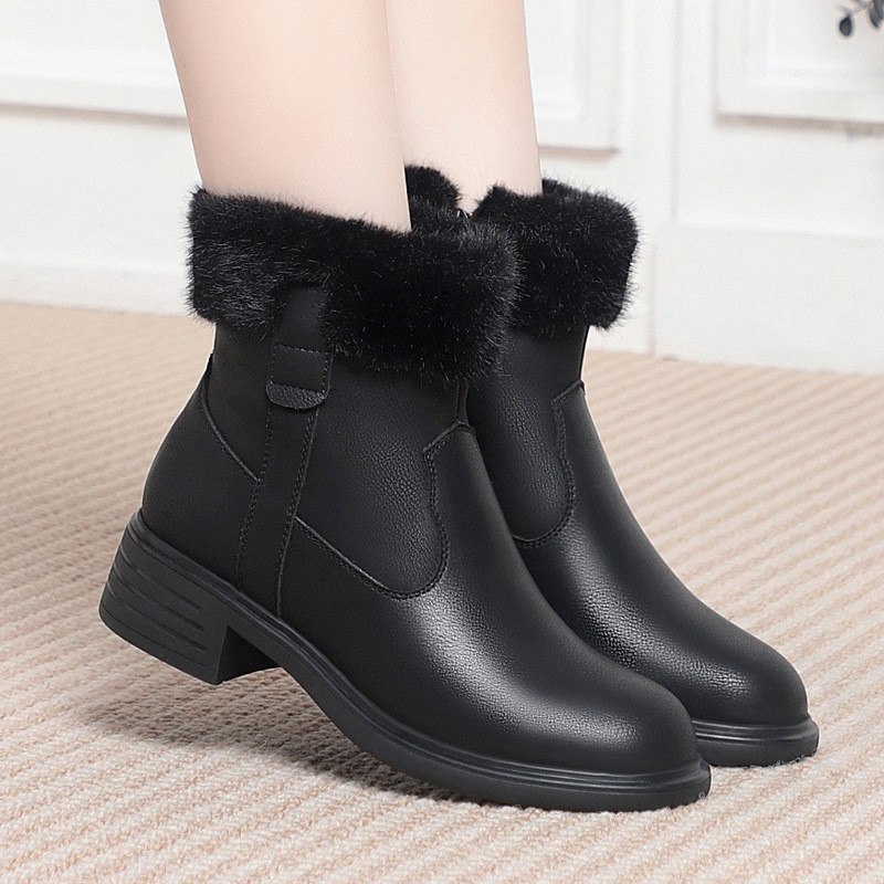 小鞋匠中年时尚简约毛毛靴便捷侧拉链低跟舒适软皮软底加绒保暖