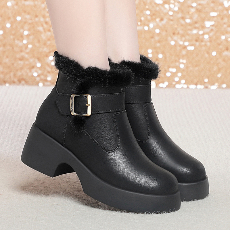 小鞋匠女厚底侧拉链毛绒口金属扣带时装女皮靴加绒加厚保暖雪地靴
