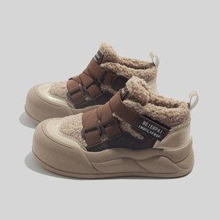 小鞋匠羊羔绒加绒加厚保暖厚底高帮小白鞋女2025冬新款丑萌面包鞋