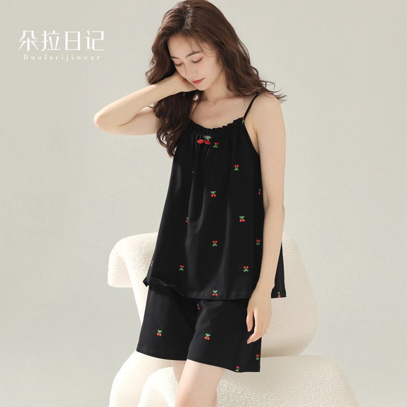 纯欲风吊带短裤睡衣女夏天黑色性感女士纯棉春夏季家居服新款高级