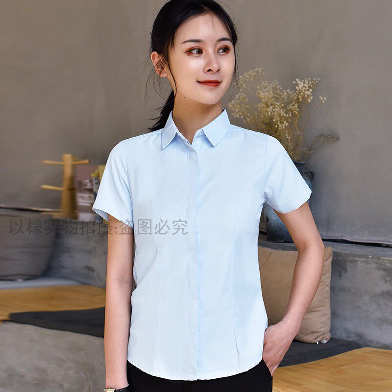 夏季女士浅蓝斜纹衬衫方领职业装工作服短袖修身正装ol气质通勤