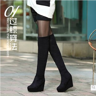 过膝长靴女靴子坡跟长靴长筒靴高筒靴25秋冬新款高跟瘦腿弹力靴