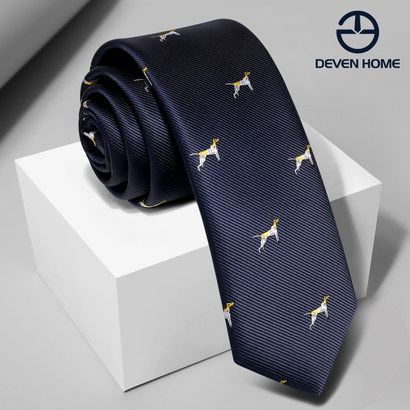 藏青色领带男韩版窄版5cm深蓝色小狗花纹生肖图案时尚休闲领带潮